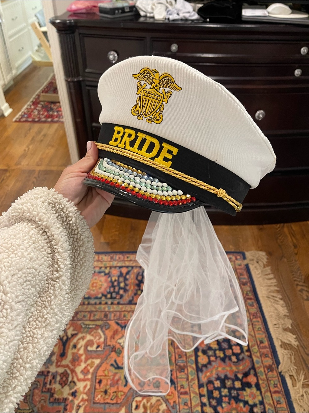 Bride Embroidered White Captain Hat with Veil and rhinestone detail